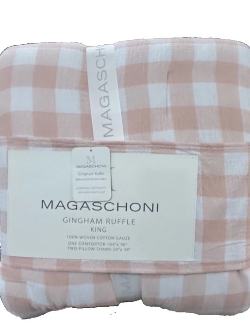 Magaschoni Gingham Ruffle Pink & White King Cotton Gauze Comforter Set 104”x90”
